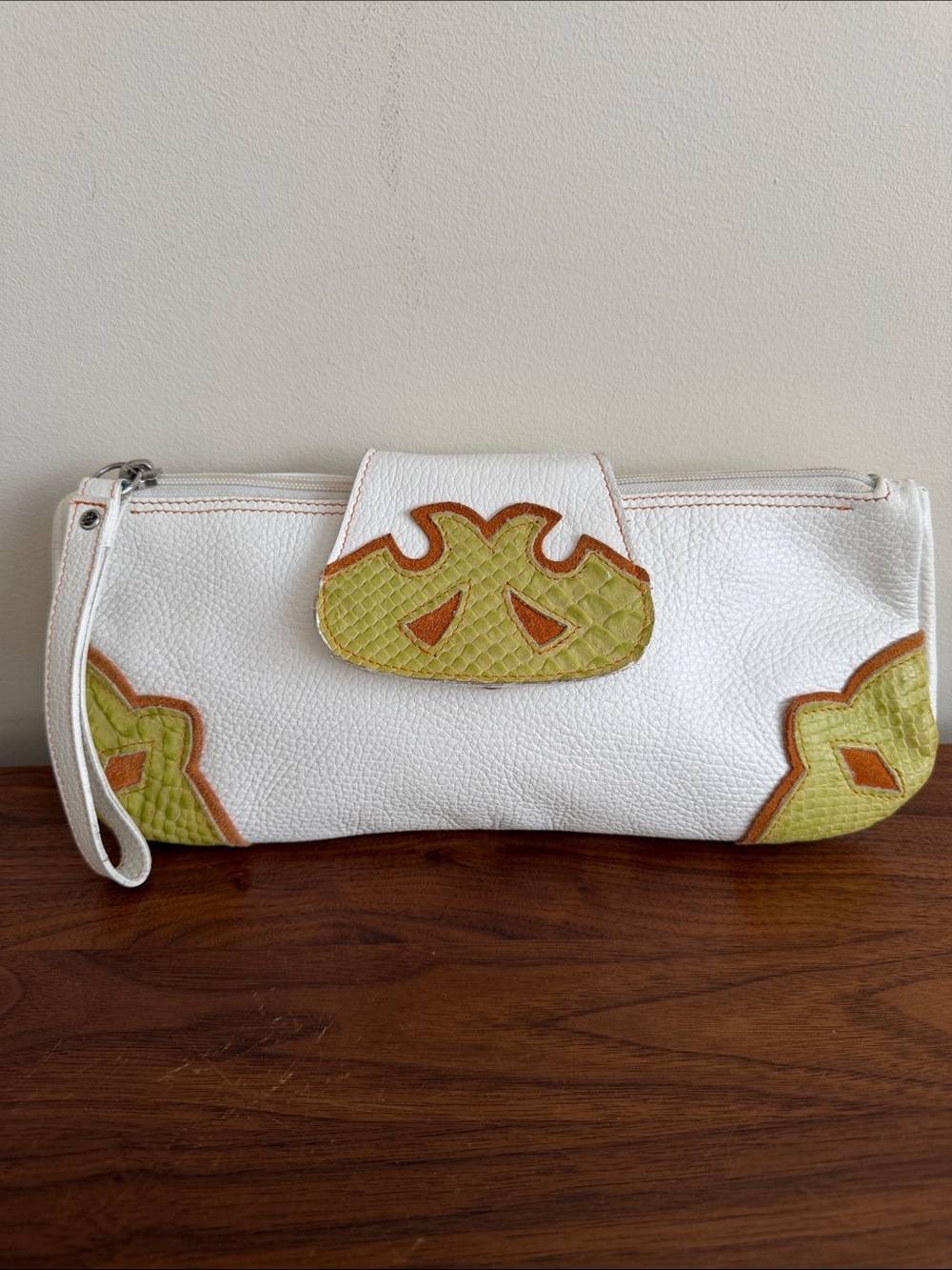 Vintage Y2K Claudia Firenze White Italian Leather Clutch Wristlet Multi-texture
